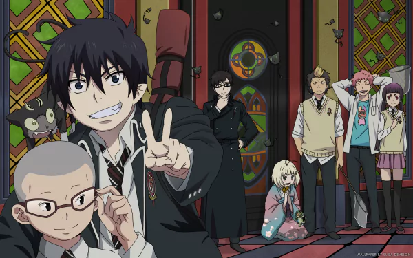 A colorful HD wallpaper featuring characters from Ao No Exorcist, including Rin Okumura, Yukio Okumura, and Kuro, showcasing their distinct poses and expressions in a vibrant setting.
