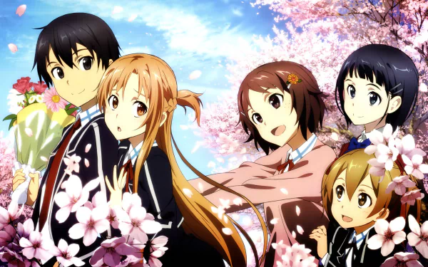 HD desktop wallpaper featuring characters Kirito, Asuna Yuuki, Lisbeth, Silica, and Suguha Kirigaya from Sword Art Online, surrounded by cherry blossoms.