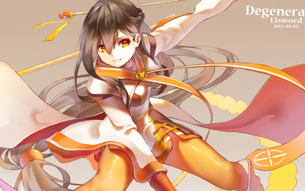 Ara from Elsword is depicted in a dynamic pose, showcasing her character design in this vibrant HD PC desktop wallpaper. The image highlights her striking features and costume.