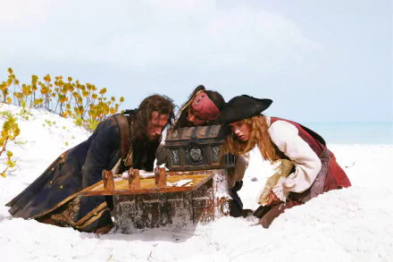 James Norrington, Jack Sparrow, and Elizabeth Swann inspect a treasure chest on a beach in this HD wallpaper from *Pirates of the Caribbean: Dead Man's Chest*.