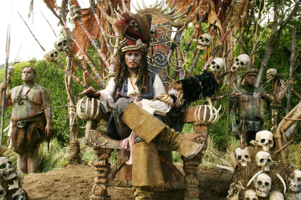 HD desktop wallpaper featuring Johnny Depp as Jack Sparrow in the movie Pirates of the Caribbean: Dead Man's Chest, sitting on a throne surrounded by tribal decor and skulls.