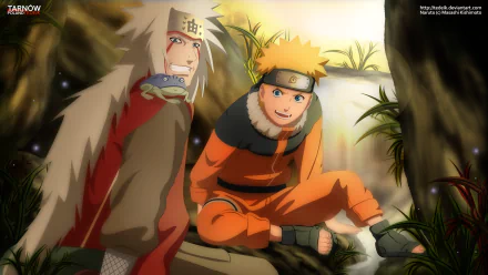 A vibrant HD desktop wallpaper featuring characters Jiraiya and Naruto Uzumaki from the anime Naruto, sitting together by a serene stream in a lush forest setting.