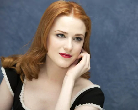 A striking HD image of actress Evan Rachel Wood, featuring her vibrant red hair, blue eyes, and red lipstick, set against a soft blue background.