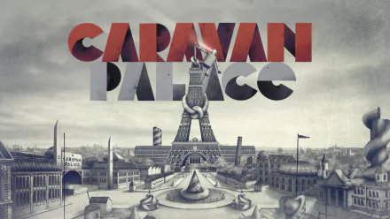 HD PC wallpaper: retro electro-swing artwork for Caravan Palace — stylized red logo over a grayscale Parisian cityscape with the Eiffel Tower, vintage carousel and art-deco motifs.