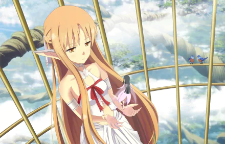 HD wallpaper featuring Yui and Asuna Yuuki from Sword Art Online, set against a serene background with birds and a dreamy atmosphere.