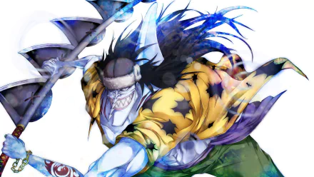 A dynamic HD wallpaper featuring Arlong from One Piece, showcasing his fierce expression and distinctive yellow shirt, set against an engaging colorful backdrop.