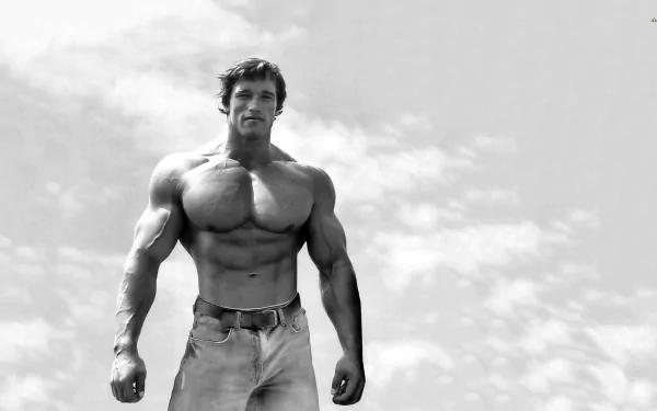 A striking black and white image of a muscular man standing confidently against a cloudy sky, showcasing Arnold Schwarzenegger as a captivating desktop wallpaper.