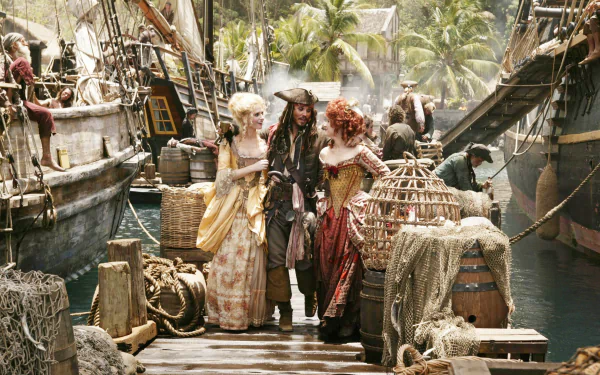 HD PC desktop wallpaper featuring Jack Sparrow, played by Johnny Depp, from the movie Pirates of the Caribbean: At World's End, set on a bustling pirate dock.