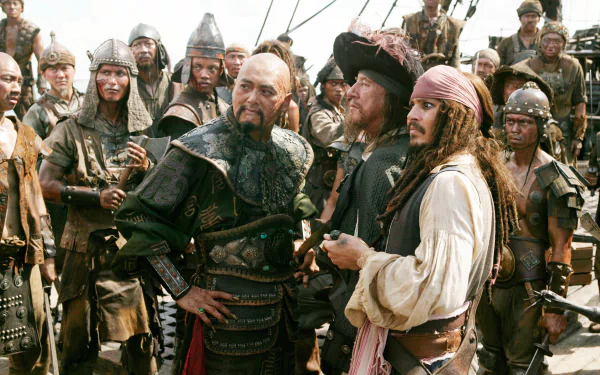 Chow Yun-Fat Captain Sao Feng Hector Barbossa Geoffrey Rush Jack Sparrow Johnny Depp movie Pirates Of The Caribbean: At World's End HD Desktop Wallpaper | Background Image