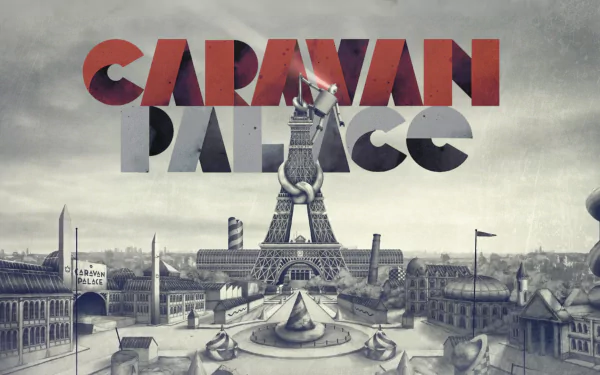 HD PC wallpaper: retro electro-swing artwork for Caravan Palace — stylized red logo over a grayscale Parisian cityscape with the Eiffel Tower, vintage carousel and art-deco motifs.