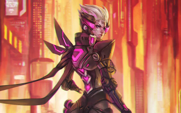 Fiora from League of Legends in futuristic armor, set against a glowing cityscape, designed as an HD PC desktop wallpaper for video game fans.