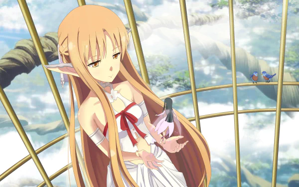 HD wallpaper featuring Yui and Asuna Yuuki from Sword Art Online, set against a serene background with birds and a dreamy atmosphere.