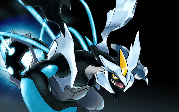 HD PC desktop wallpaper featuring Kyurem Black, the powerful Dragon-Ice Pokémon from the anime Pokémon series, depicted in dynamic action with glowing blue energy effects.