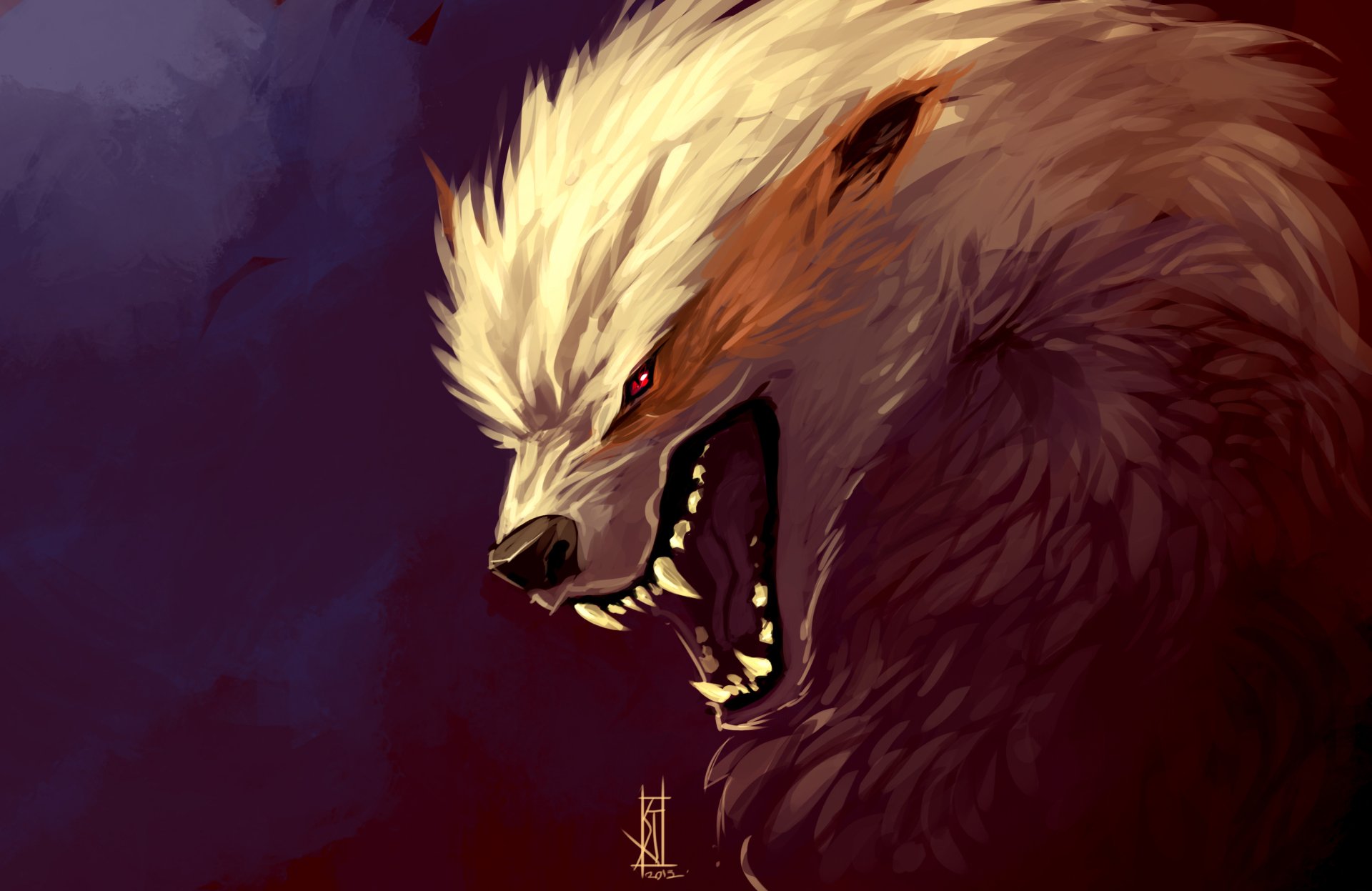 A fierce Arcanine, a fantasy wolf-like creature, displays dramatic fur and an intense expression in this HD desktop wallpaper. Bold colors enhance its striking presence.