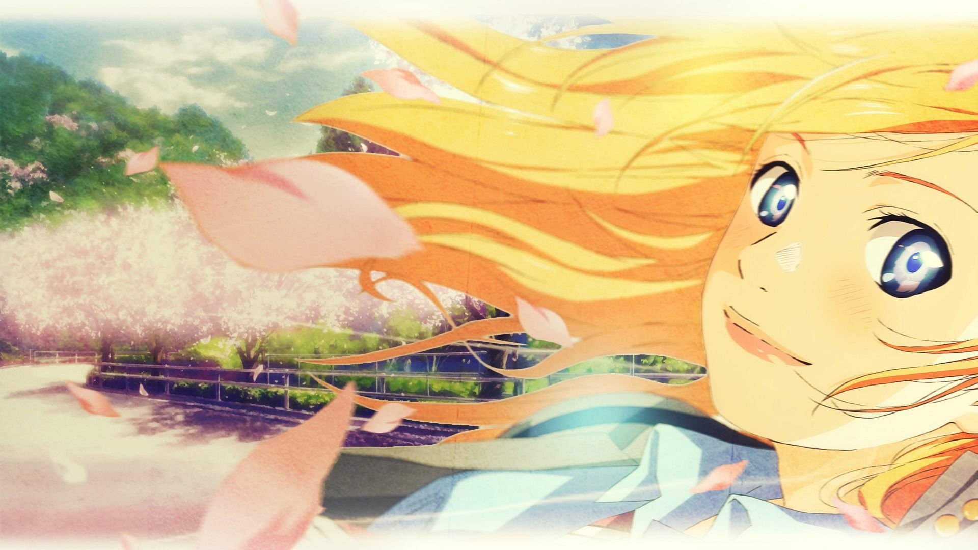 A vibrant HD wallpaper featuring Kaori Miyazono from the anime Your Lie in April, surrounded by cherry blossoms and a serene landscape, capturing a moment of beauty and joy.