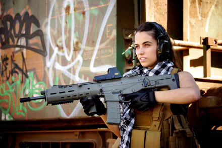 A woman poses confidently with a gun in a gritty urban setting, surrounded by graffiti. This striking image serves as a 4K Ultra HD desktop wallpaper and background.