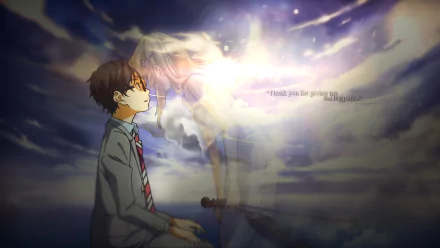 HD desktop wallpaper featuring Kaori Miyazono and Kousei Arima from the anime Your Lie in April, set against a dreamy sky background.