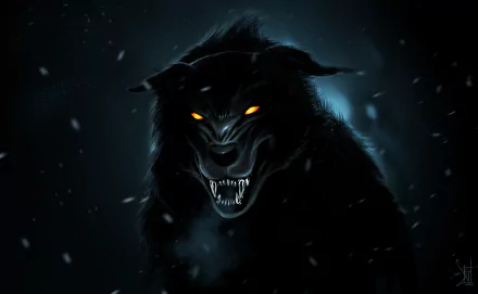 HD fantasy wallpaper featuring a dark, menacing wolf with glowing yellow eyes, set against a shadowy background with falling snowflakes.