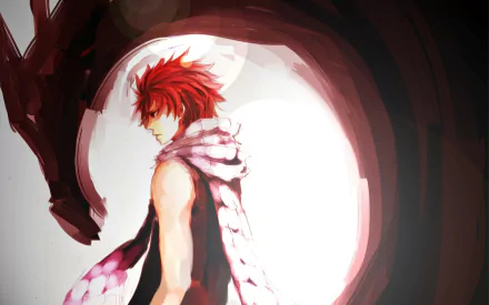 HD desktop wallpaper featuring Natsu Dragneel from the anime Fairy Tail, shown standing with a dragon-like shadow in the background.