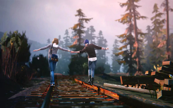 HD wallpaper featuring Chloe Price and Max Caulfield from the video game Life Is Strange, balancing on railroad tracks in a serene forest setting.