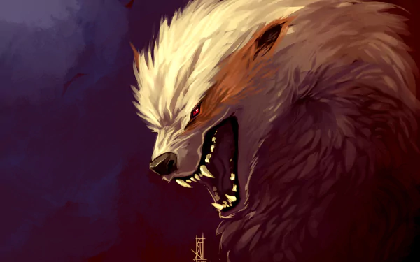 A fierce Arcanine, a fantasy wolf-like creature, displays dramatic fur and an intense expression in this HD desktop wallpaper. Bold colors enhance its striking presence.