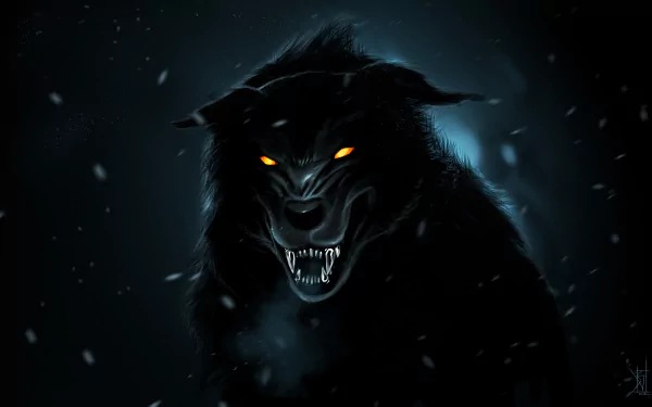 HD fantasy wallpaper featuring a dark, menacing wolf with glowing yellow eyes, set against a shadowy background with falling snowflakes.