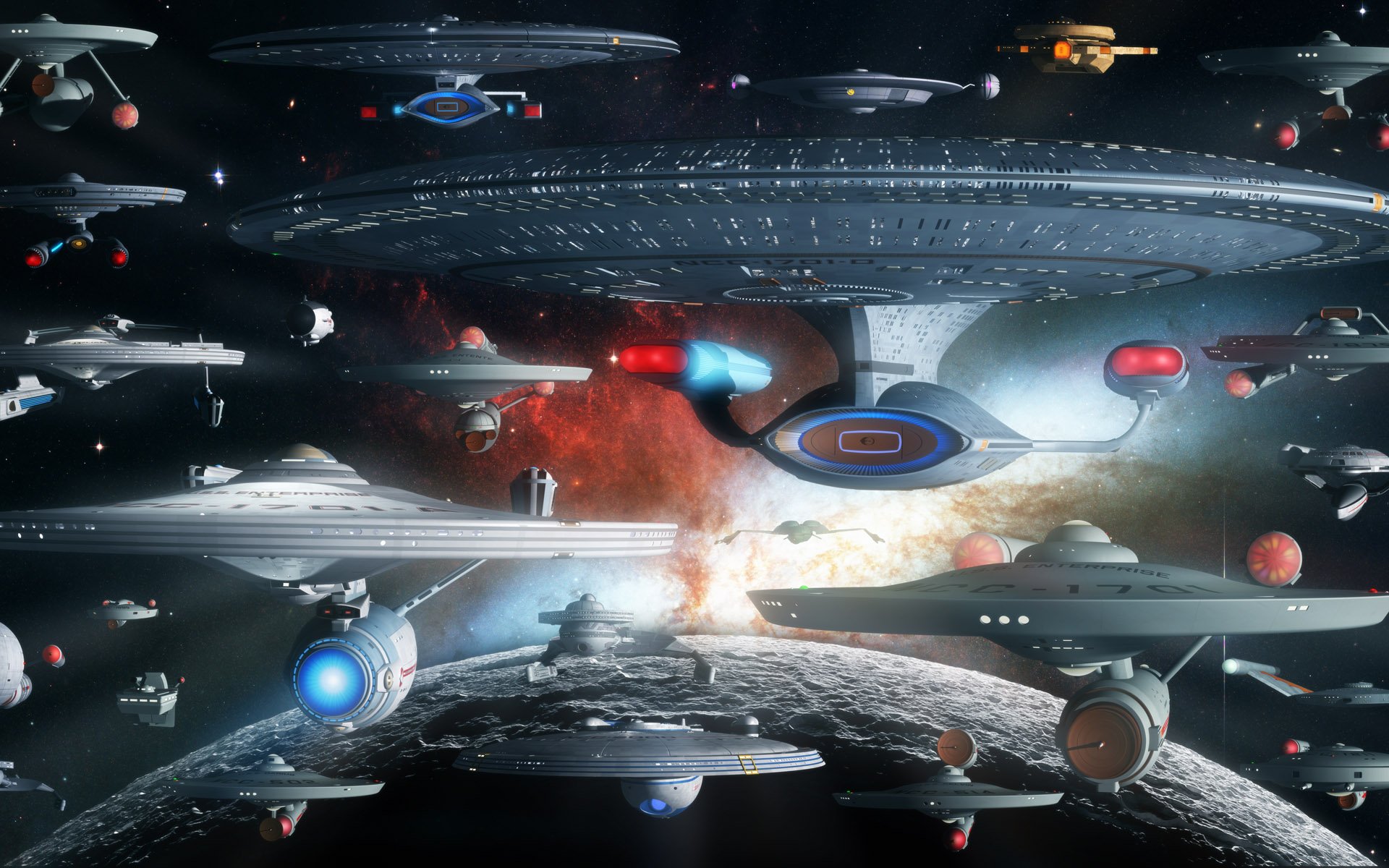 HD PC desktop wallpaper showcasing a dramatic Star Trek sci-fi scene with multiple iconic starships gathered in space against a cosmic backdrop.