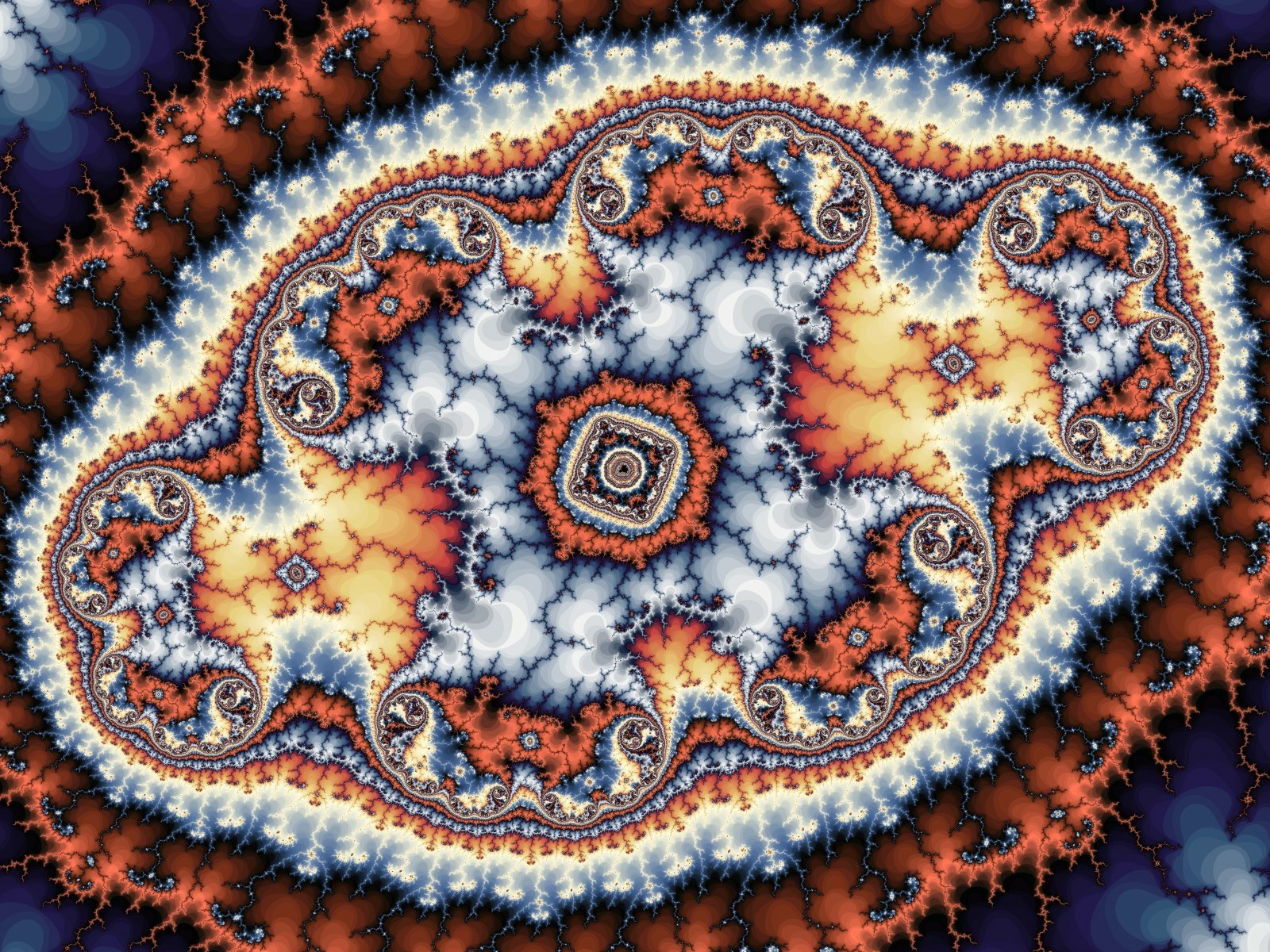 Abstract fractal HD PC desktop wallpaper: intricate coral, navy and gold whirl of mandala-like patterns with snowy white filigree radiating from the center.