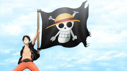 HD wallpaper of Monkey D. Luffy from the anime One Piece, raising a black pirate flag with a skull wearing a straw hat against a blue sky background.