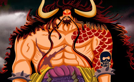 HD desktop wallpaper featuring Kaido from the anime One Piece. Kaido stands powerfully with his muscular build, adorned with dragon-like scales and two large horns, set against a dark, stormy background.