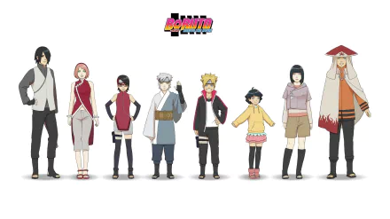 A high-definition desktop wallpaper featuring characters from Boruto: Naruto the Movie, including Mitsuki, Sarada Uchiha, Sakura Haruno, Sasuke Uchiha, Himawari Uzumaki, Hinata Hyuga, Naruto Uzumaki, and Boruto Uzumaki.