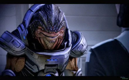 HD desktop wallpaper featuring Grunt from Mass Effect, with a detailed close-up of his armored appearance.