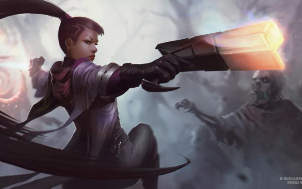 HD desktop wallpaper featuring Lucian from League of Legends, showcasing the Sentinel of Light in an intense action scene from the video game.