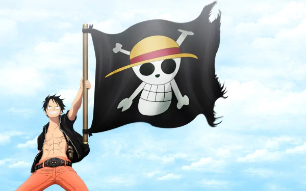 HD wallpaper of Monkey D. Luffy from the anime One Piece, raising a black pirate flag with a skull wearing a straw hat against a blue sky background.