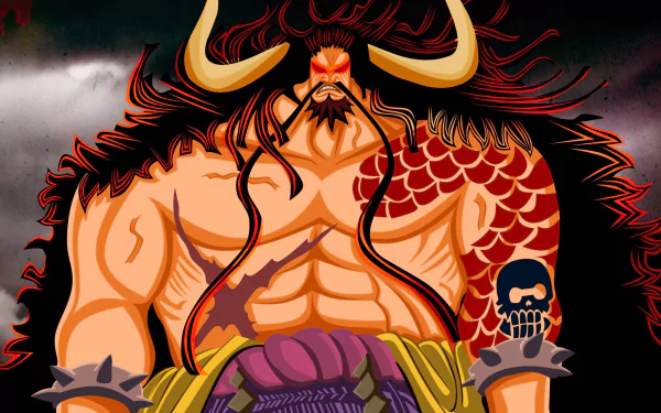 HD desktop wallpaper featuring Kaido from the anime One Piece. Kaido stands powerfully with his muscular build, adorned with dragon-like scales and two large horns, set against a dark, stormy background.