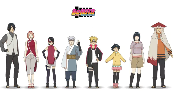 A high-definition desktop wallpaper featuring characters from Boruto: Naruto the Movie, including Mitsuki, Sarada Uchiha, Sakura Haruno, Sasuke Uchiha, Himawari Uzumaki, Hinata Hyuga, Naruto Uzumaki, and Boruto Uzumaki.
