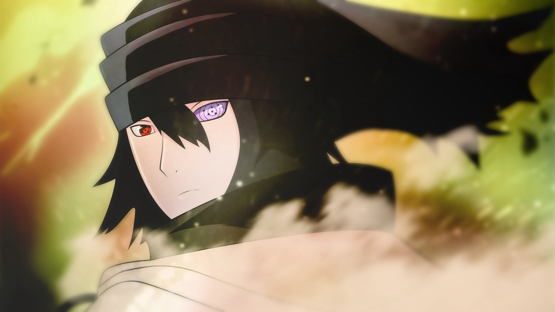 HD desktop wallpaper featuring Sasuke Uchiha from 'Naruto,' showcasing his Sharingan and Rinnegan eyes. The background has a mystical, ethereal quality with soft, blurred elements.