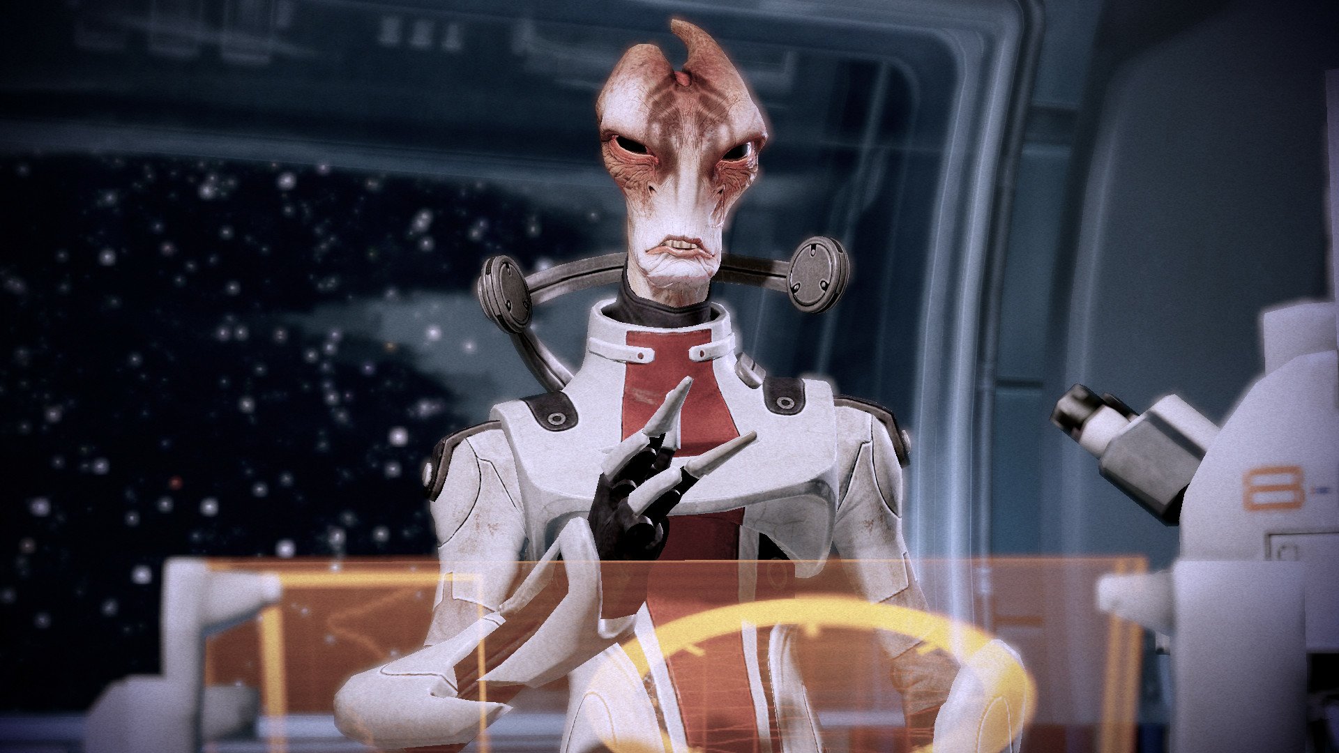 HD wallpaper featuring Mordin Solus from Mass Effect 2, set against a spaceship interior background.