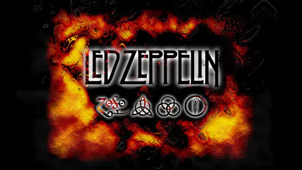 A vibrant HD wallpaper featuring the iconic Led Zeppelin logo against a fiery background, showcasing symbols associated with the legendary rock band.