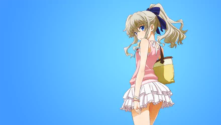 Anime character Nao Tomori from Charlotte with long white hair, blue eyes, wearing a pink top and layered skirt, holding a bag, and wearing a bracelet. HD desktop wallpaper background.