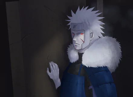 Tobirama Senju from the anime Naruto stands against a wall, showcasing his signature spiky hair and fur-lined cloak. A striking HD wallpaper for fans of the Hokage.