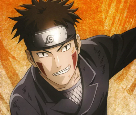 Kiba Inuzuka from the anime Naruto, depicted in an action pose against a vibrant orange background, makes a dynamic HD desktop wallpaper.