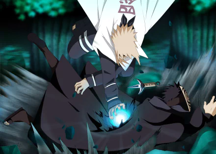 HD wallpaper featuring Minato Namikaze about to strike Obito Uchiha with a Rasengan. This dynamic anime scene is from Naruto.