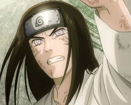 Neji Hyūga from the anime Naruto, depicted intensely with a fierce expression, showcasing his determination. This HD wallpaper captures the essence of his character in vivid detail.