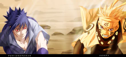 Dynamic HD wallpaper featuring Naruto Uzumaki and Sasuke Uchiha in an intense showdown, showcasing their iconic abilities: the Sage of Six Paths and Mangekyō Sharingan.
