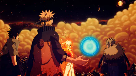 HD desktop wallpaper featuring characters from Naruto: Madara Uchiha, Tobirama Senju, Minato Namikaze, Naruto Uzumaki, and Sasuke Uchiha, with Naruto showcasing a Rasengan against a dramatic sky.