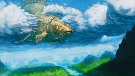 HD PC desktop wallpaper showing a fantasy animal — a giant fish-like creature gliding through clouds above a green valley with a winding river.