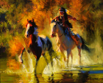 Artistic HD desktop wallpaper depicting a Native American rider on horseback amidst vibrant, fiery autumn foliage in a dynamic, painterly style.