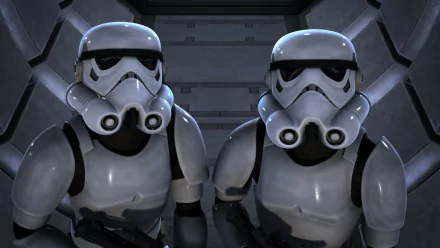 Two stormtroopers from the TV show Star Wars Rebels pose in a sleek, high-definition background, capturing the essence of the iconic franchise.