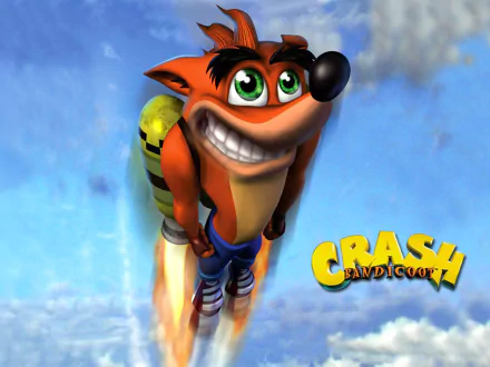 A vibrant HD wallpaper featuring Crash Bandicoot, the beloved video game character, soaring with a jetpack against a bright sky. Crash displays his trademark grin and energetic style.